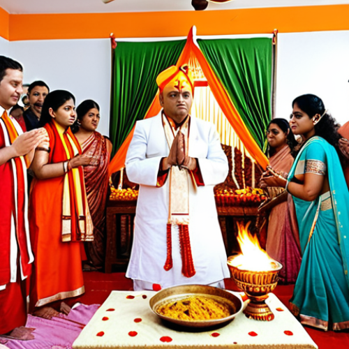 Home 15 **A Hindu wedding ceremony:** Capture the essence of a traditional Bengali Hindu wedding, focusing on the 'Shubho Muhurt' (auspicious moment). Show the bride and groom in traditional attire, with a priest chanting mantras, and family members participating in the rituals around a sacred fire. Emphasize the vibrant colors and decorations typical of a Bengali wedding.