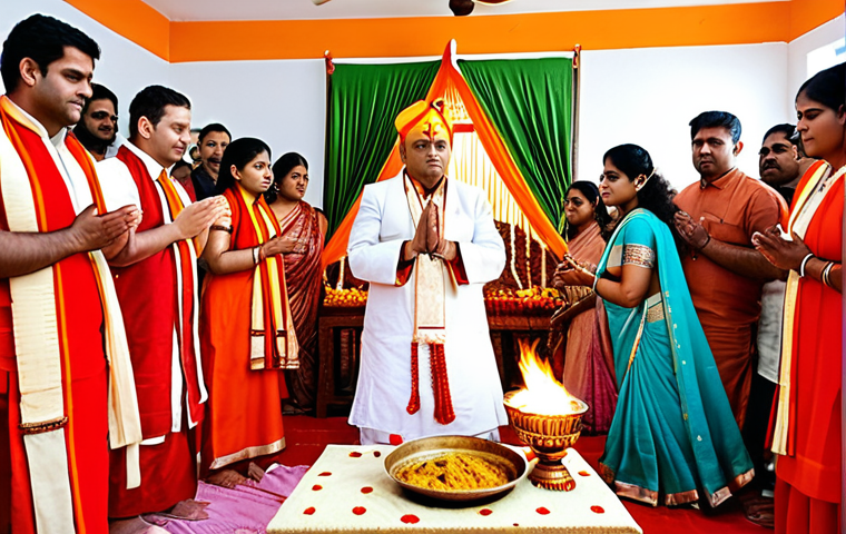 **A Hindu wedding ceremony:** Capture the essence of a traditional Bengali Hindu wedding, focusing on the 'Shubho Muhurt' (auspicious moment). Show the bride and groom in traditional attire, with a priest chanting mantras, and family members participating in the rituals around a sacred fire. Emphasize the vibrant colors and decorations typical of a Bengali wedding.