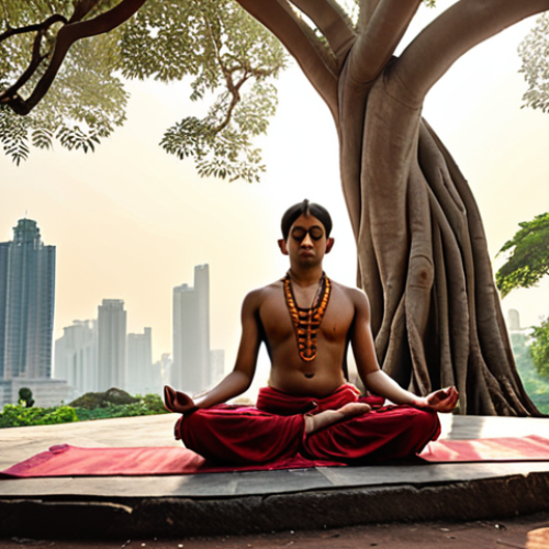 Home 14 **Image Prompt:** A serene yogi meditating under a banyan tree, radiating inner peace, contrasted with a bustling modern city skyline in the background. The composition should subtly blend traditional Hindu spirituality with the contemporary world.