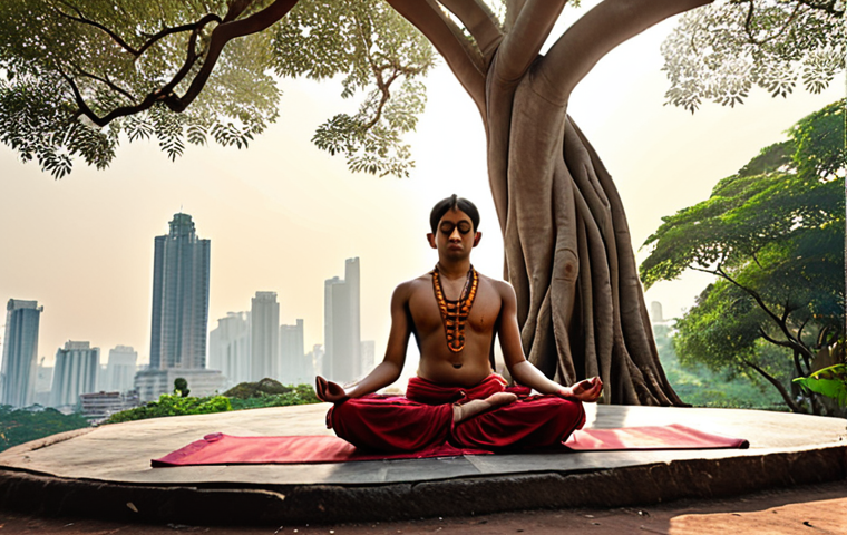 **Image Prompt:** A serene yogi meditating under a banyan tree, radiating inner peace, contrasted with a bustling modern city skyline in the background. The composition should subtly blend traditional Hindu spirituality with the contemporary world.