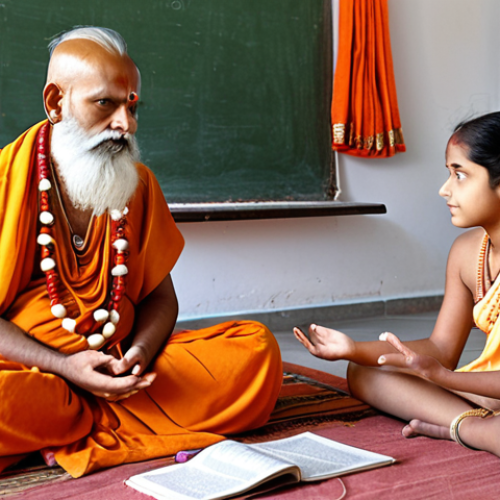Home 7 **Image:** A serene guru teaching students in a traditional Gurukul setting, emphasizing spiritual and moral development. The scene should blend ancient wisdom with a modern touch, highlighting the importance of values education within a contemporary context. Include elements symbolizing both Hindu traditions and modern educational tools.