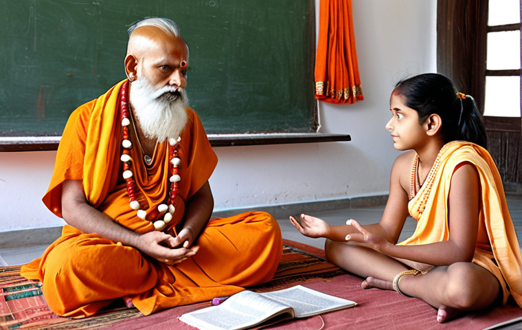 **Image:** A serene guru teaching students in a traditional Gurukul setting, emphasizing spiritual and moral development. The scene should blend ancient wisdom with a modern touch, highlighting the importance of values education within a contemporary context. Include elements symbolizing both Hindu traditions and modern educational tools.