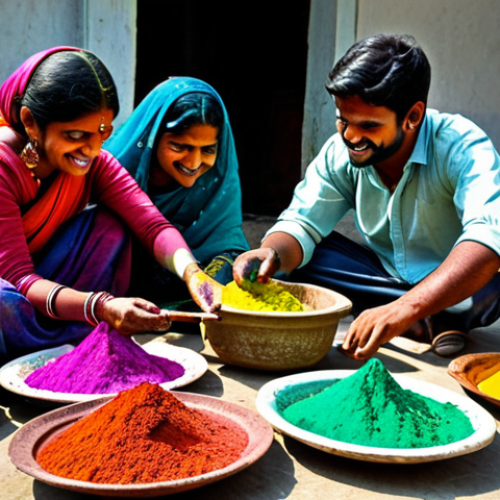 Home 23 Preparing for Holi**
A joyful scene of friends preparing for Holi, buying colorful powders ( আবির ), and making homemade colors from flowers and leaves. Capture the excitement and anticipation of the upcoming festival. They should be fully clothed. Safe for work. Appropriate content. Professional. Modest. Perfect anatomy. Natural proportions.
**