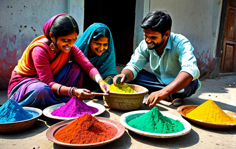 Preparing for Holi**

A joyful scene of friends preparing for Holi, buying colorful powders ( আবির ), and making homemade colors from flowers and leaves. Capture the excitement and anticipation of the upcoming festival. They should be fully clothed. Safe for work. Appropriate content. Professional. Modest. Perfect anatomy. Natural proportions.

**