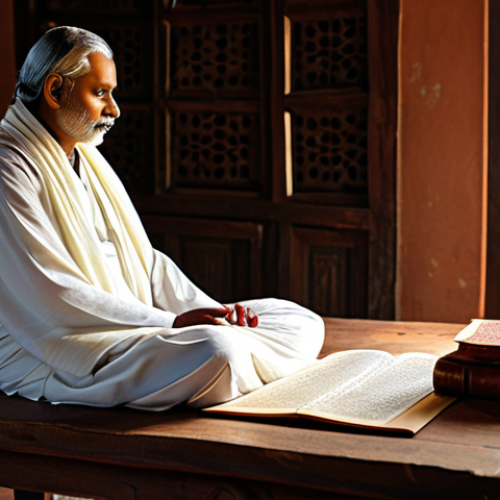 Home 22 Vedic Wisdom**
"An ancient Sanskrit manuscript of the Vedas, illuminated by soft light, open on a wooden table. In the background, a serene guru figure meditates peacefully. The scene evokes wisdom and tranquility. Fully clothed, appropriate attire. Safe for work. Perfect anatomy, correct proportions, natural pose. Professional photography, high quality."
**