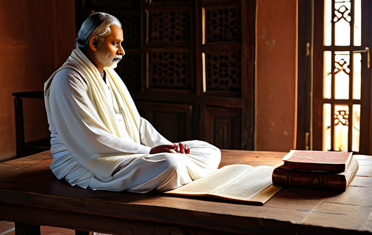 Vedic Wisdom**

"An ancient Sanskrit manuscript of the Vedas, illuminated by soft light, open on a wooden table. In the background, a serene guru figure meditates peacefully. The scene evokes wisdom and tranquility. Fully clothed, appropriate attire. Safe for work. Perfect anatomy, correct proportions, natural pose. Professional photography, high quality."

**