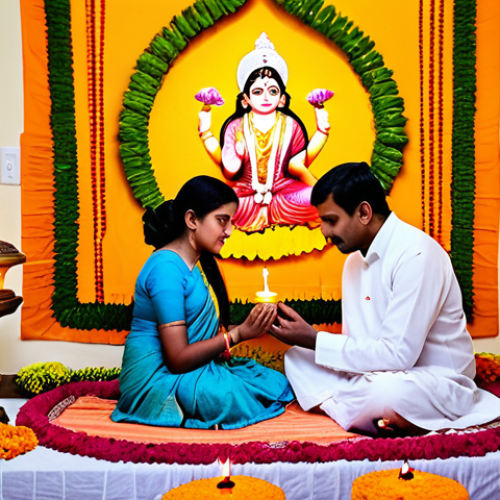 Home 9 ** A serene scene of a Hindu family, fully clothed in traditional Bengali attire, praying together at their home altar adorned with vibrant flowers and oil lamps, embodying daily devotion and family-friendly spirituality.
**