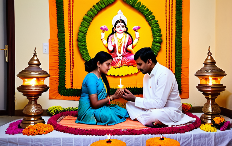 ** A serene scene of a Hindu family, fully clothed in traditional Bengali attire, praying together at their home altar adorned with vibrant flowers and oil lamps, embodying daily devotion and family-friendly spirituality.

**