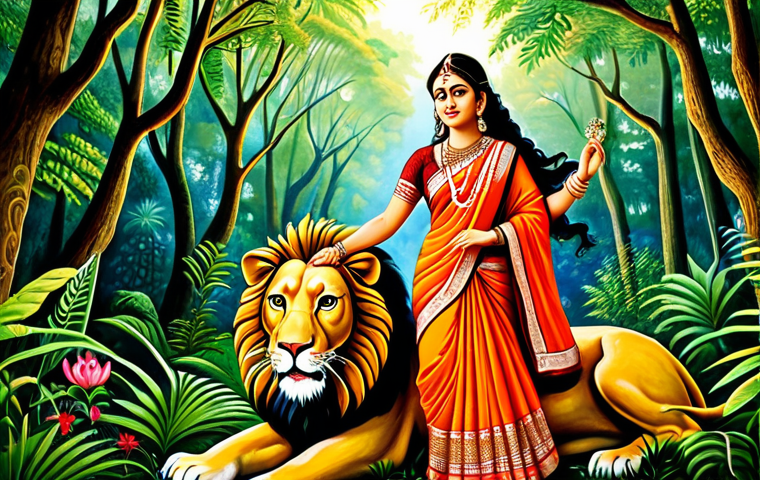 힌두교 종파 샥타 - **Prompt:** A beautifully detailed painting of Goddess Durga, fully clothed in a traditional Bengali...