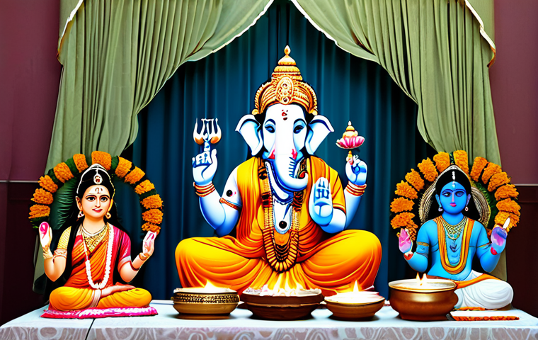 힌두교 종파 스마르타 - Panchadev Puja**
"A family-friendly scene depicting a Hindu household practicing Panchadev Puja (wo...