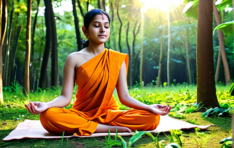 힌두교 신화 시바와 파르바티 - Parvati's Tapasya (Penance)**
A young woman, Parvati, in a simple, modest orange sari, fully clothe...