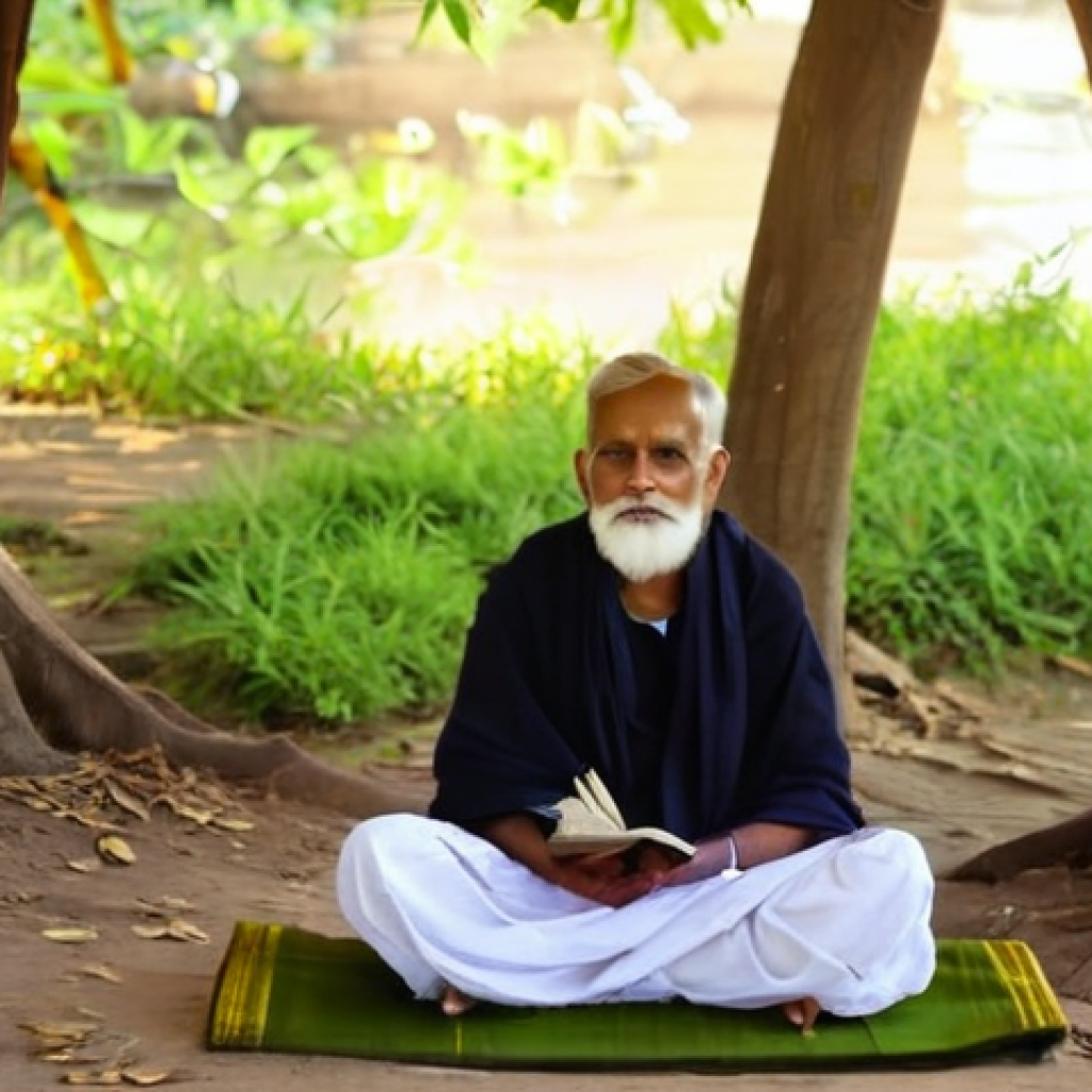 힌두교와 고등교육 - **Prompt: "A serene Gurukul scene in ancient India, set by a tranquil river at sunrise. An elderly, ...