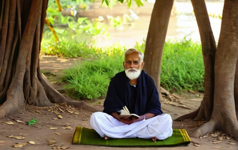 힌두교와 고등교육 - **Prompt: "A serene Gurukul scene in ancient India, set by a tranquil river at sunrise. An elderly, ...