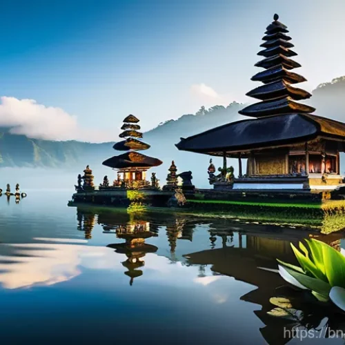 Home 23 힌두교와 발리 문화 - **Prompt:** A tranquil scene of the iconic Ulun Danu Beratan Temple in Bali, gracefully situated on ...
