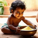 힌두교 신화 크리슈나 이야기 - **Prompt:** A heartwarming and playful scene depicting baby Lord Krishna as a mischievous toddler, w...