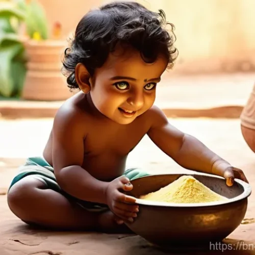 Home 20 힌두교 신화 크리슈나 이야기 - **Prompt:** A heartwarming and playful scene depicting baby Lord Krishna as a mischievous toddler, w...