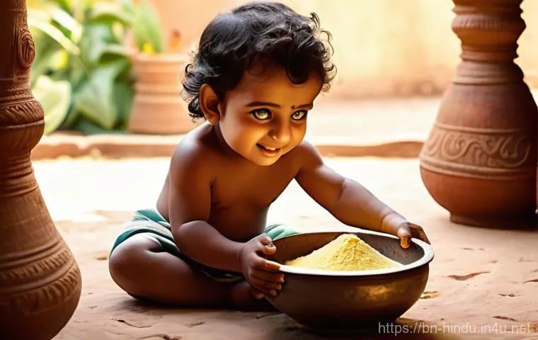 힌두교 신화 크리슈나 이야기 - **Prompt:** A heartwarming and playful scene depicting baby Lord Krishna as a mischievous toddler, w...