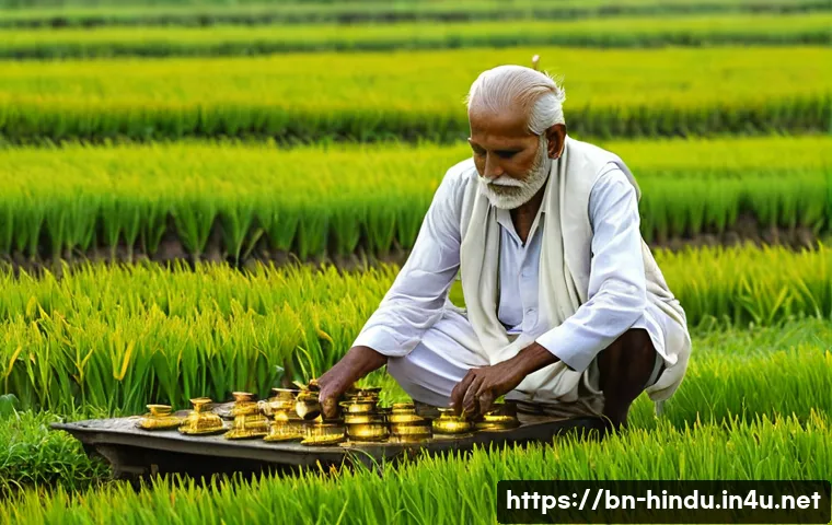 힌두교와 농업 - **Prompt for "Bhumi Puja: A Farmer's Reverence"**:
    "An elderly Bengali farmer, with a wise, kind...