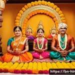Home 21 힌두교와 텔루구 문화 - A vibrant traditional Telugu festival scene depicting a family performing a religious puja indoors, ...
