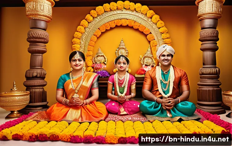 힌두교와 텔루구 문화 - A vibrant traditional Telugu festival scene depicting a family performing a religious puja indoors, ...