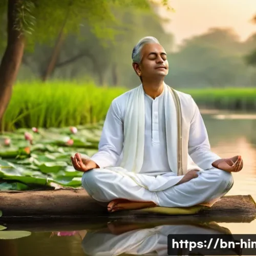 Home 32 힌두교와 성공 철학 - A serene Bengali man meditating peacefully in a traditional rural setting by a riverbank at sunrise,...