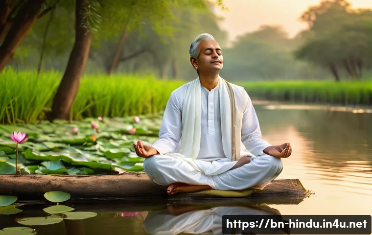 힌두교와 성공 철학 - A serene Bengali man meditating peacefully in a traditional rural setting by a riverbank at sunrise,...