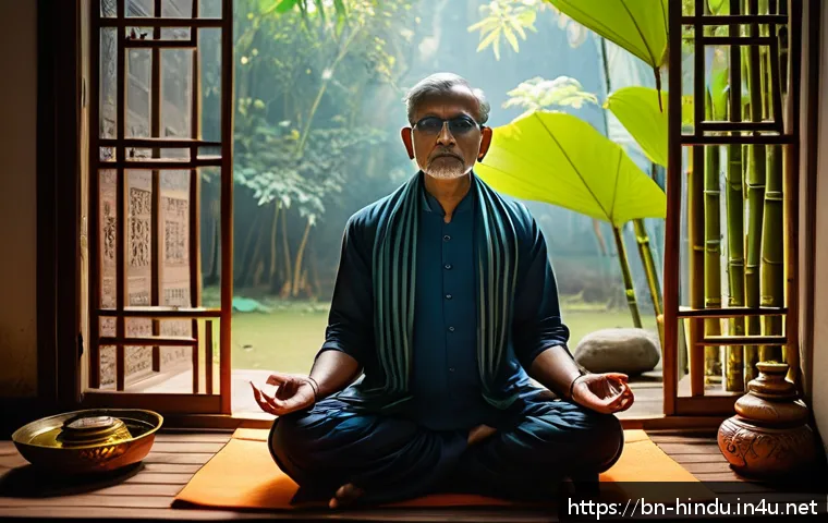 힌두교와 리더십 - A serene and thoughtful Bengali leader meditating in a traditional setting, wearing simple but modes...
