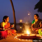 Home 18 힌두교 역사 - A serene scene of a Bengali Hindu family celebrating Durga Puja outdoors at dusk, with traditional c...