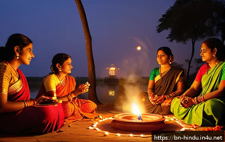 힌두교 역사 - A serene scene of a Bengali Hindu family celebrating Durga Puja outdoors at dusk, with traditional c...