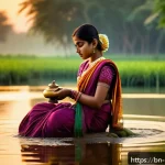 Home 23 힌두교 의식 물 공양 - A serene rural Bengali village scene at dawn, a young Bengali woman in traditional saree wearing sim...