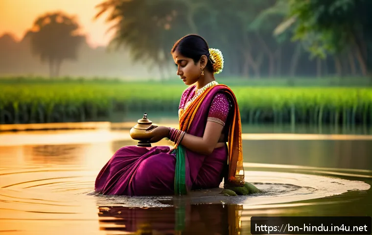 힌두교 의식 물 공양 - A serene rural Bengali village scene at dawn, a young Bengali woman in traditional saree wearing sim...