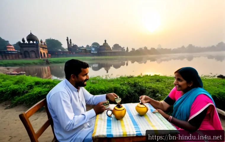 힌두교와 공존 - Photorealistic riverside neighborhood in Bengal at golden sunrise, Hindu family and Muslim neighbors...