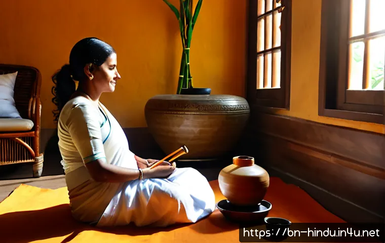 힌두교와 음악 치료 - Photorealistic peaceful Hindu music therapy session in a sunlit Bengali home, a compassionate female...