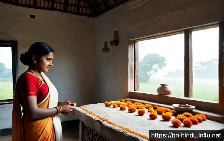 힌두교와 예술 영화 - Photorealistic art-film scene in rural Bengal at dawn, a Bengali Hindu woman in a modest red-and-whi...